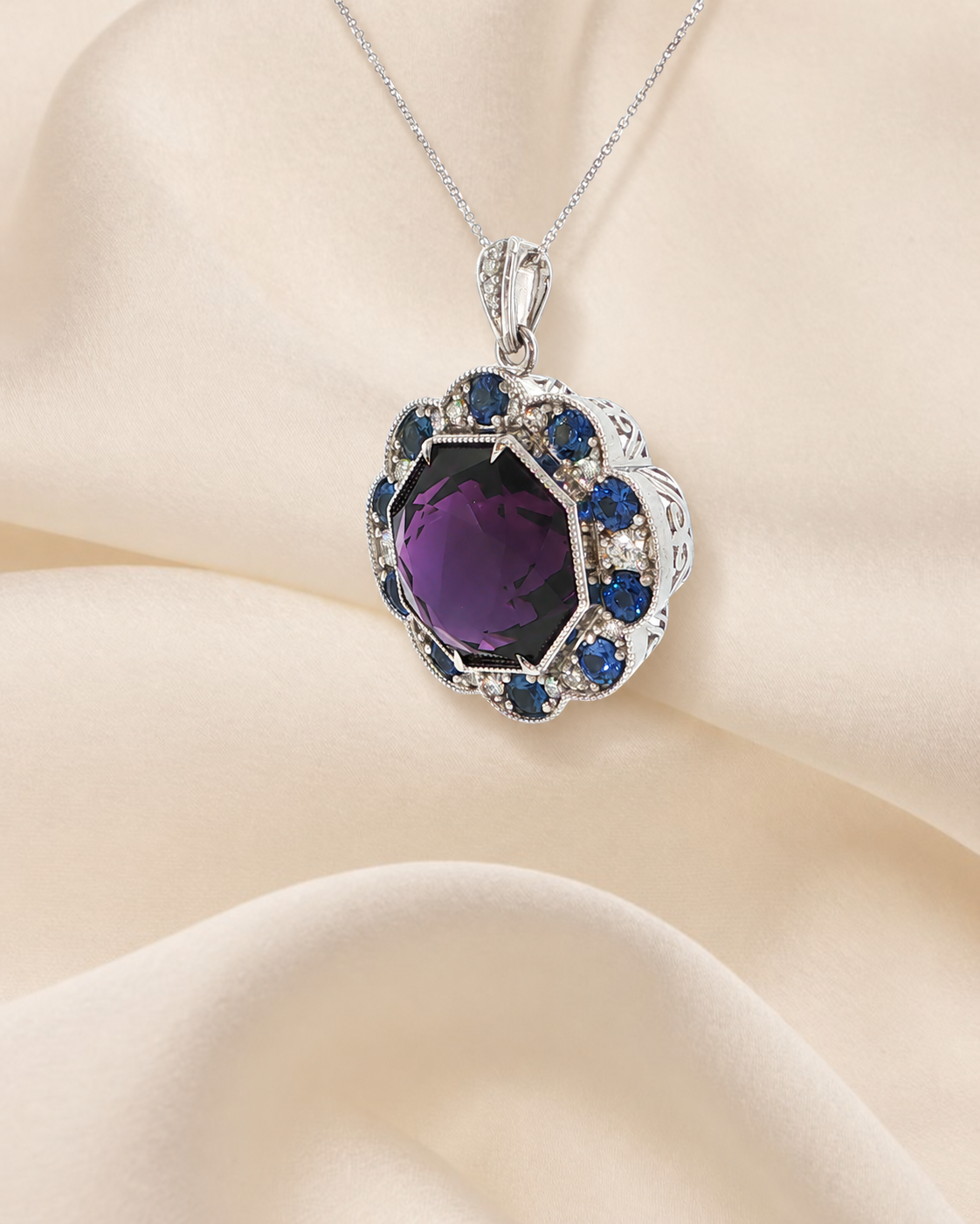 Amethyst, Sapphire & Diamond Pendant/ 46.36 Carat Octagonal Amethyst — 14K White Gold