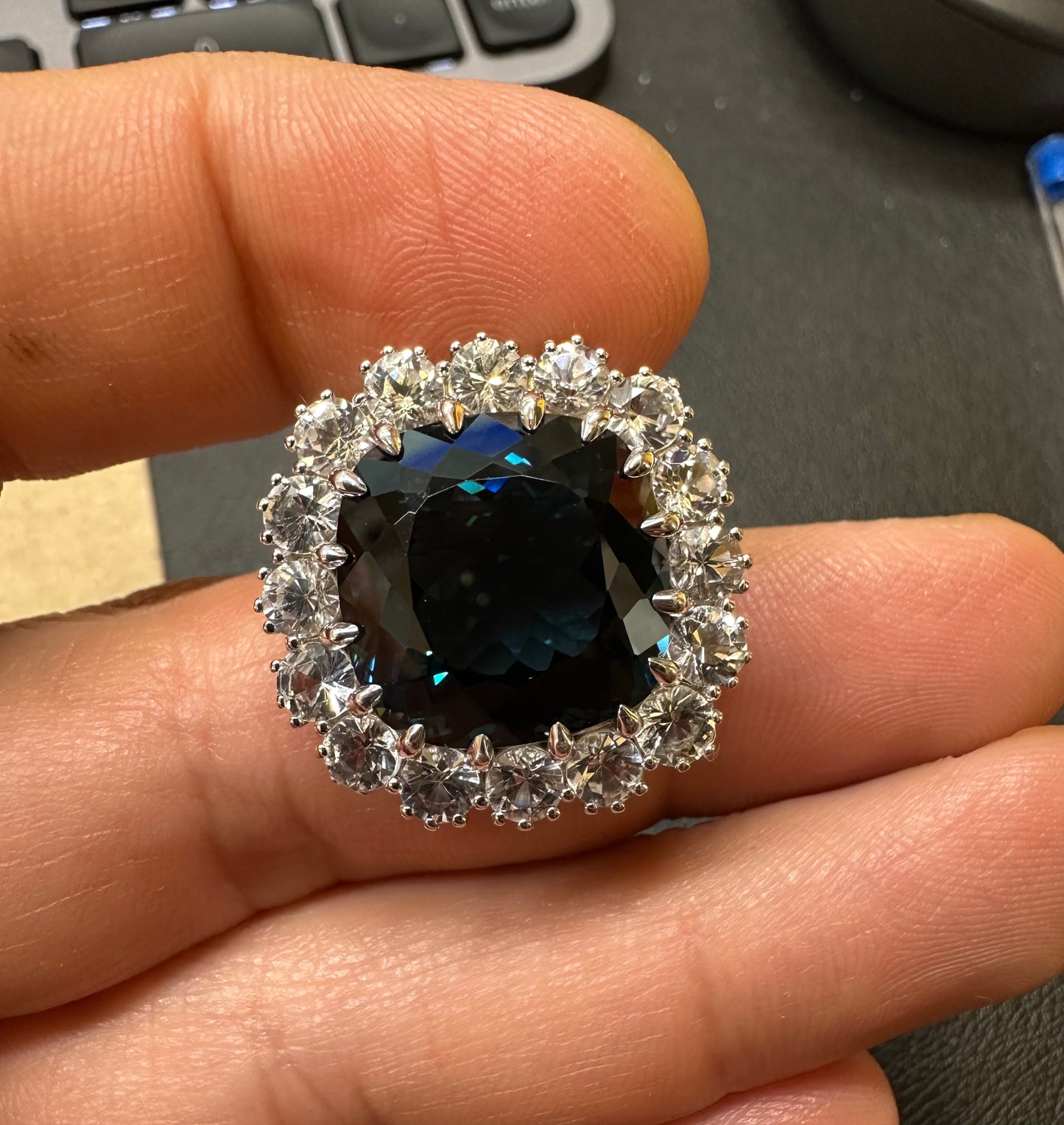 23.44 Carat London Blue Topaz & White Sapphire Brooch/Pendant – 14K White Gold