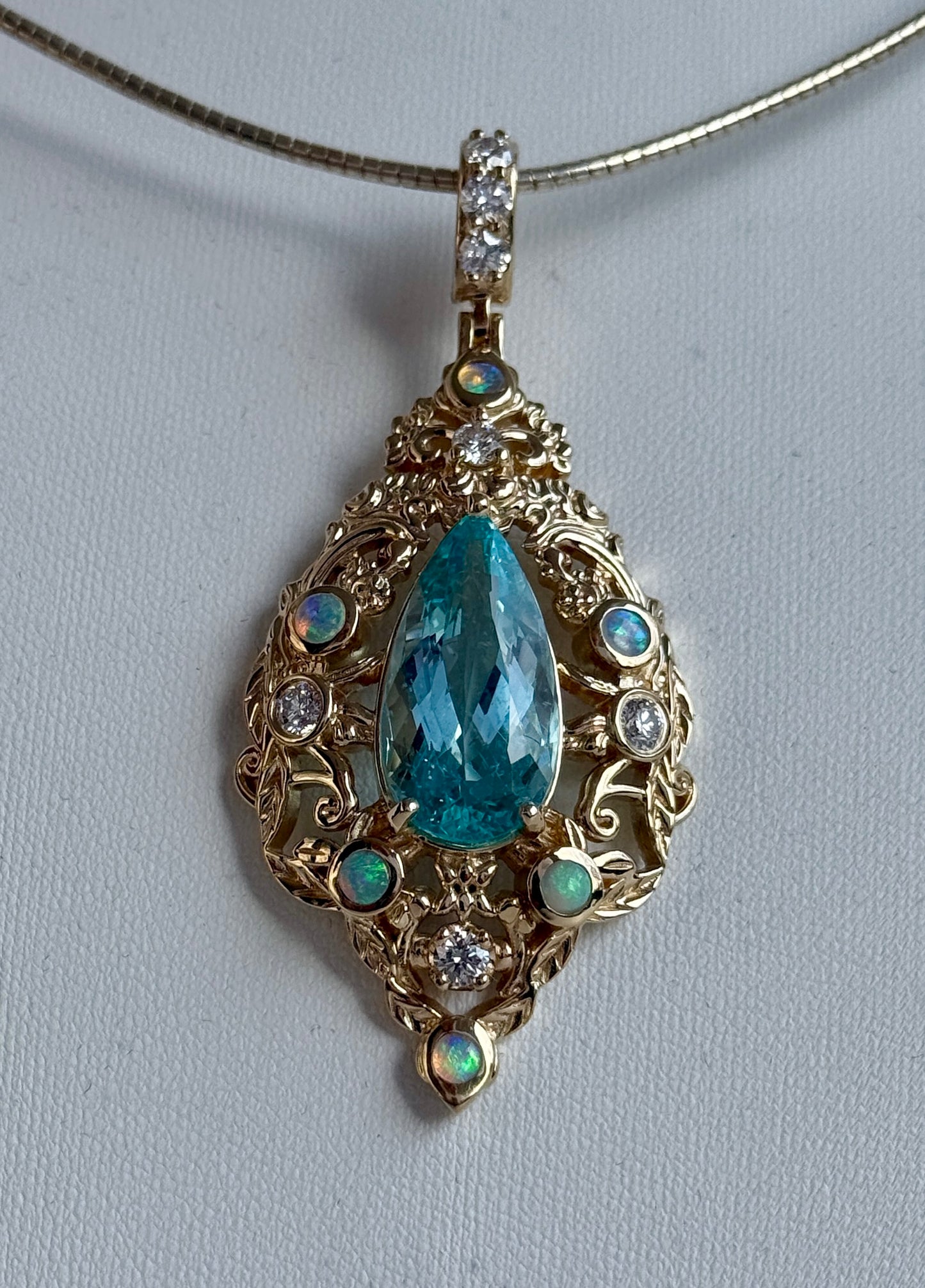 Radiant 10.5 Carat Paraiba Blue Apatite Pendant with Opals & Diamonds