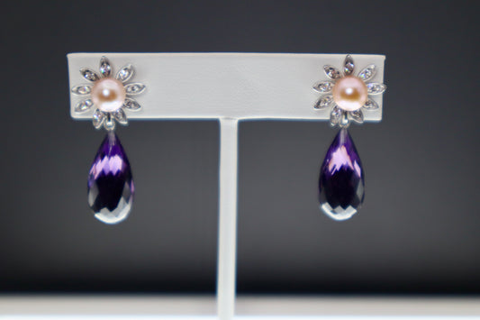 Art Deco Amethyst Earrings with Diamonds and Pearls
