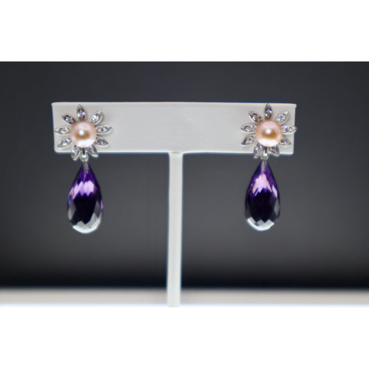 Art Deco Amethyst Earrings with Diamonds and Pearls