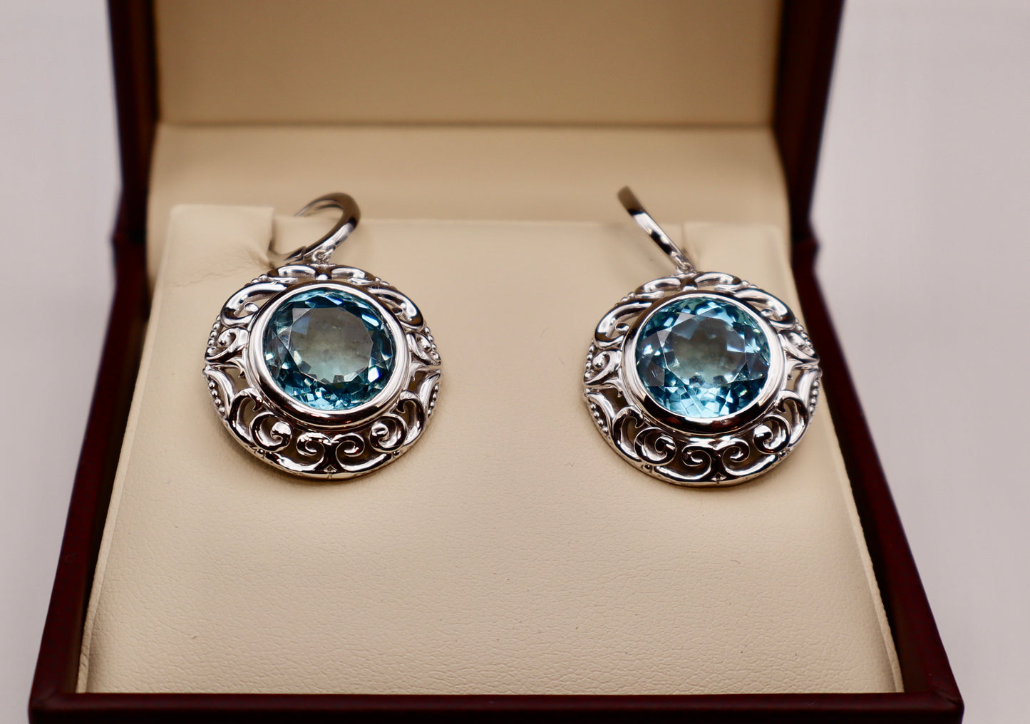 Swiss Blue Topaz Earrings set in 14k White Gold