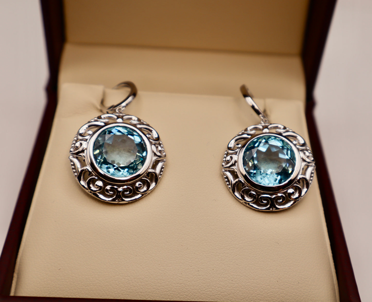 Swiss Blue Topaz Earrings set in 14k White Gold