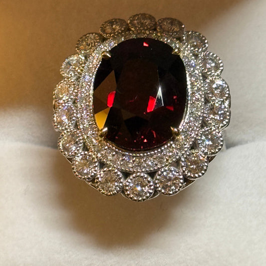 One-of-a-Kind Spessartite Red Garnet & Diamond Ring — Handcrafted in Platinum