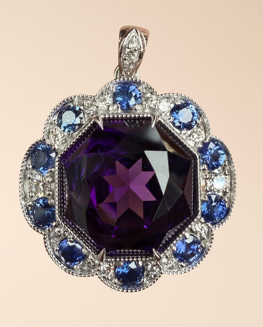 Amethyst, Sapphire & Diamond Pendant/ 46.36 Carat Octagonal Amethyst — 14K White Gold