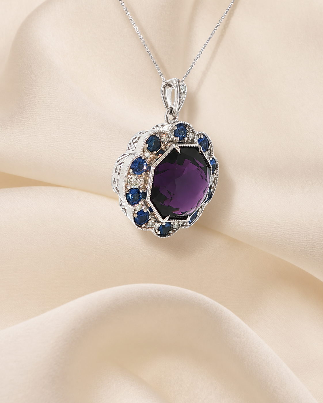 Amethyst, Sapphire & Diamond Pendant/ 46.36 Carat Octagonal Amethyst — 14K White Gold