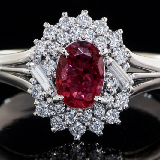 Estate Platinum Ruby & Diamond Halo Ring – GIA Certified