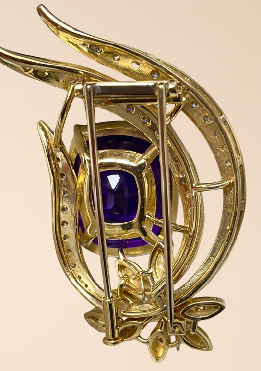 Amethyst, diamond and pearl brooch