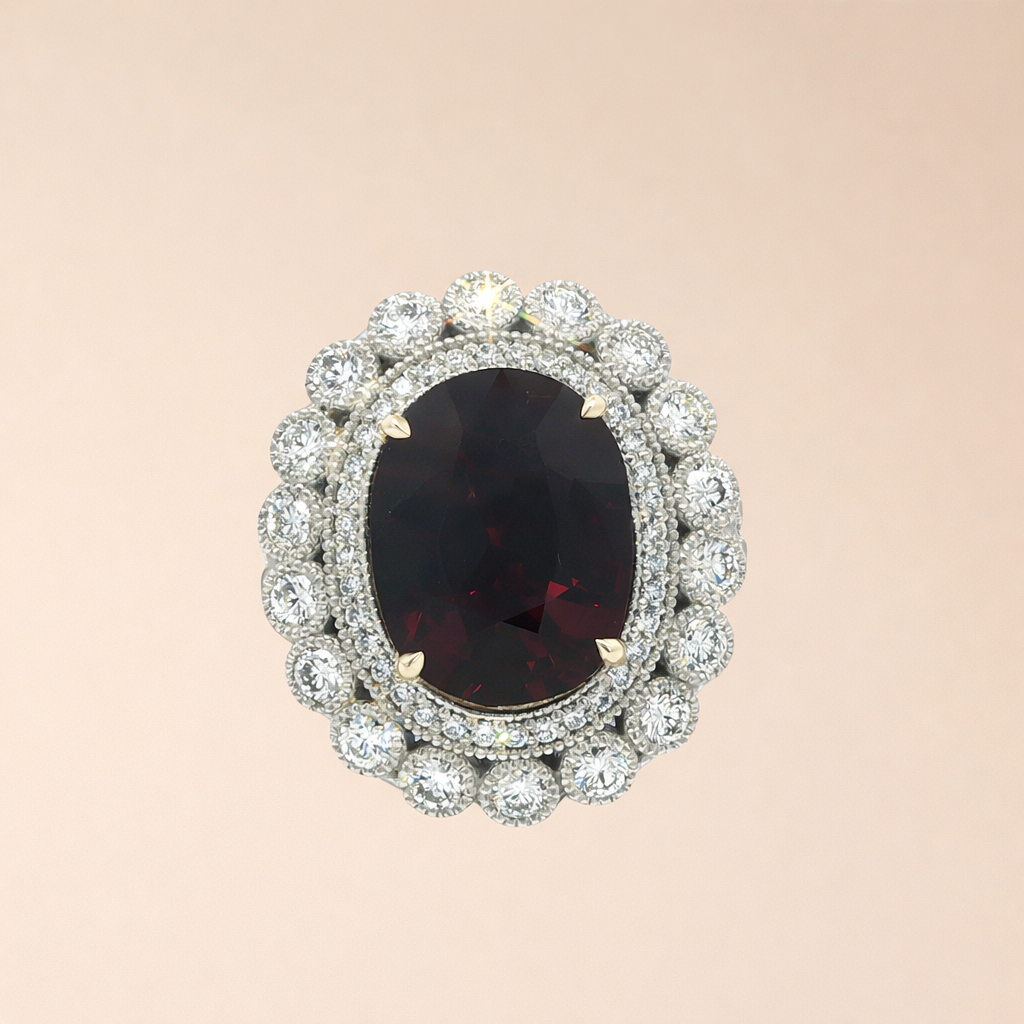 One-of-a-Kind Spessartite Red Garnet & Diamond Ring — Handcrafted in Platinum