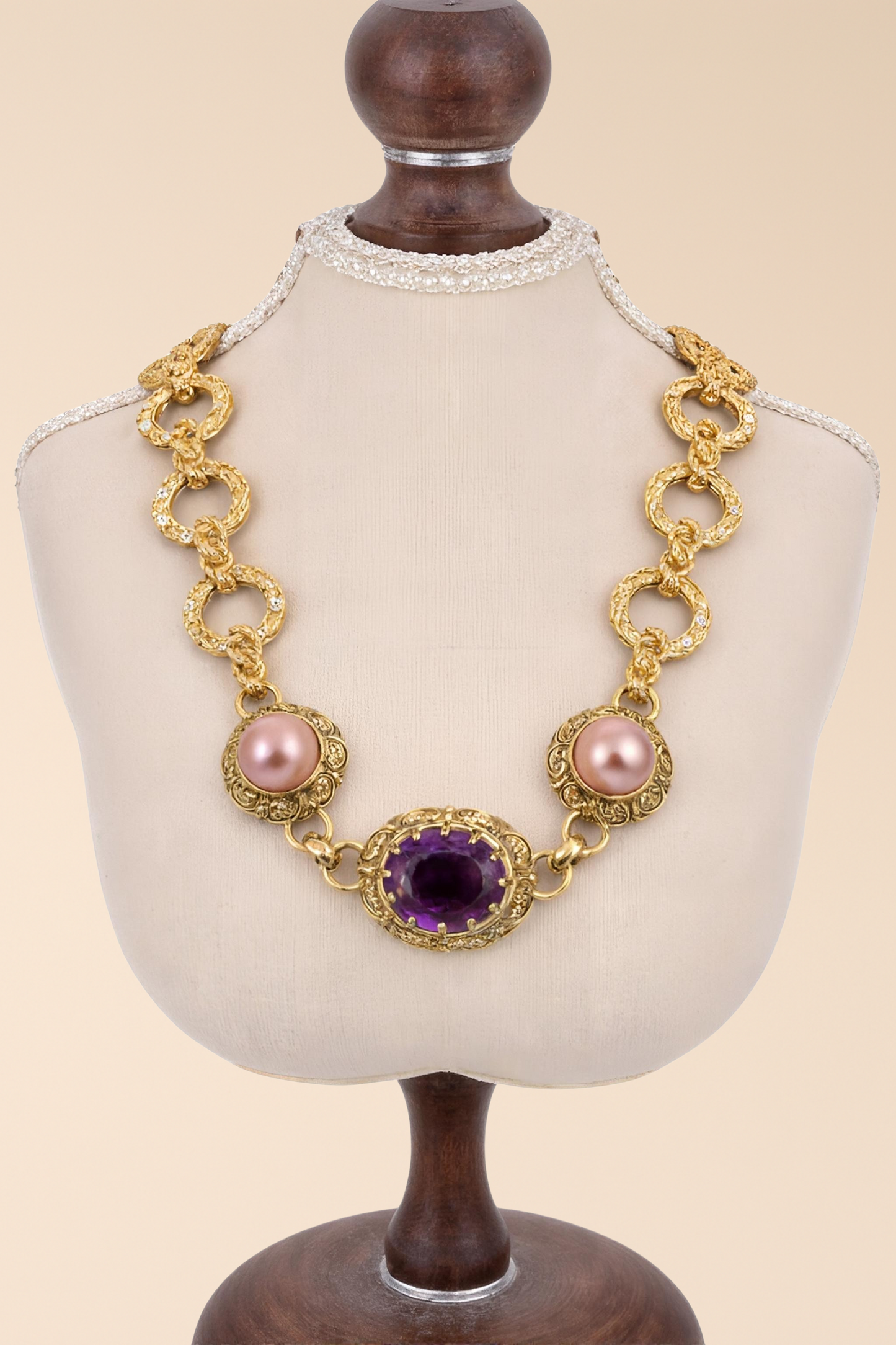 One-of-a-Kind Vintage 18k Gold, Diamond, Pearl & Amethyst Statement Necklace