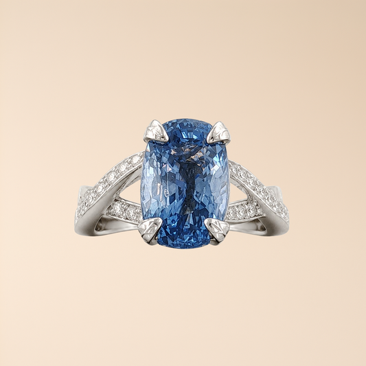 AGL Certified 6.29 Carat Unheated Ceylon Cornflower Blue Sapphire with Hearts & Arrows Diamond Platinum Ring