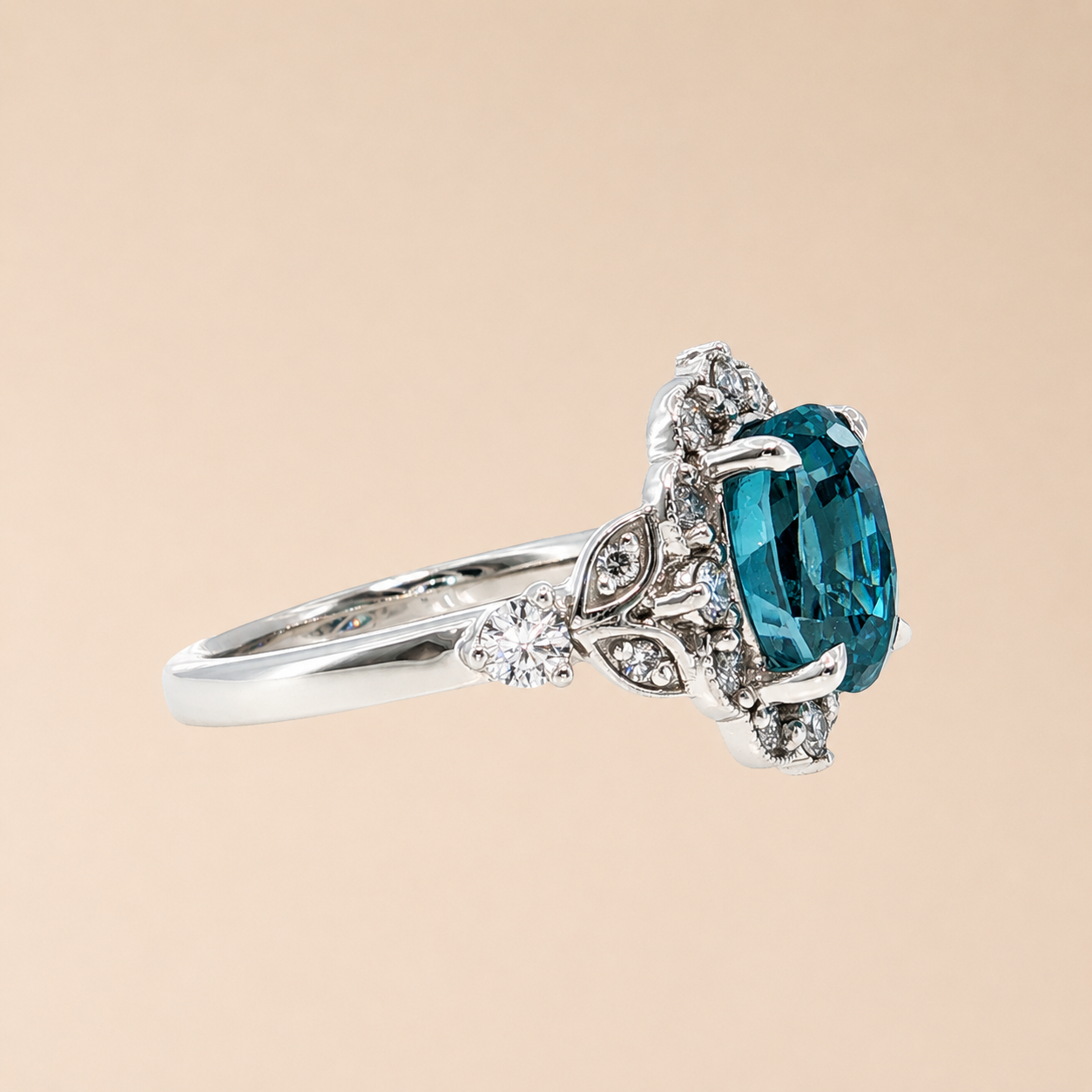 Belle Époque Inspired Blue Zircon & Diamond Halo Ring in Platinum