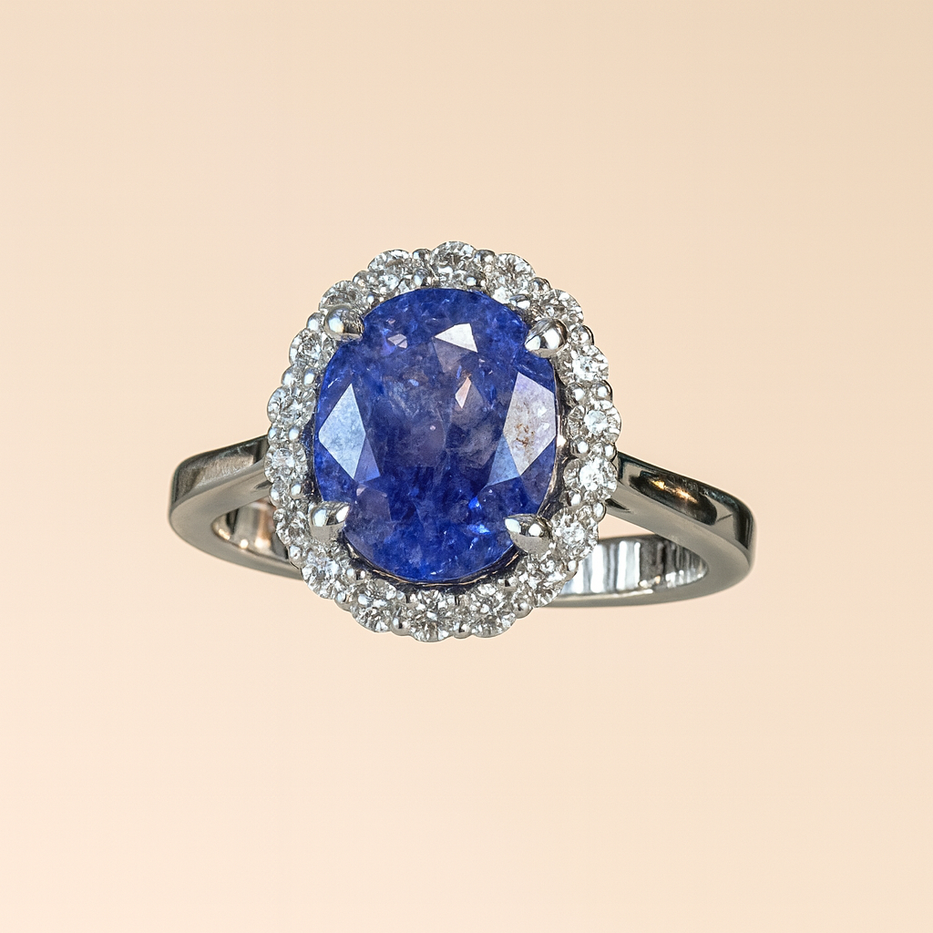 Ring mit violettem Tansanit und Diamant-Halo
