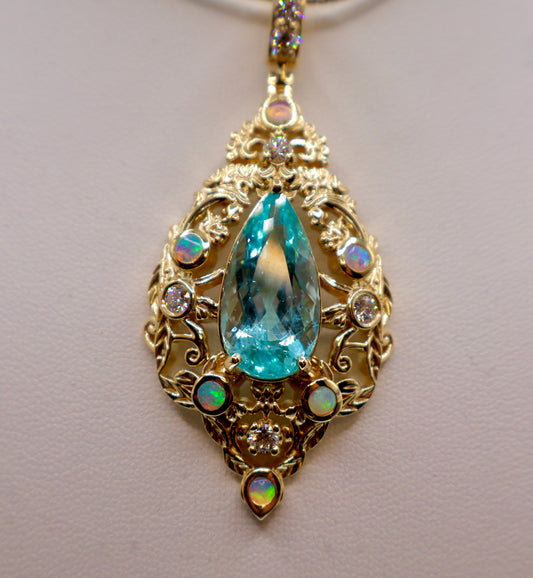 Radiant 10.5 Carat Paraiba Blue Apatite Pendant with Opals & Diamonds