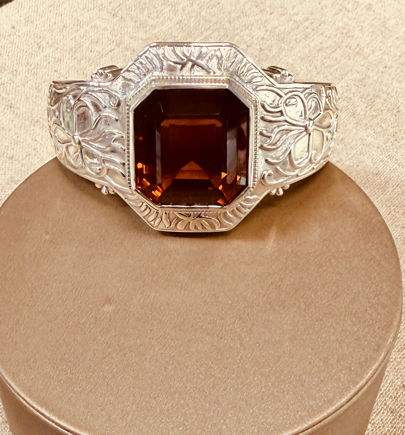 Ornate Silver Cuff with 90-Carat Madeira Citrine – Gilded Age Exclusive