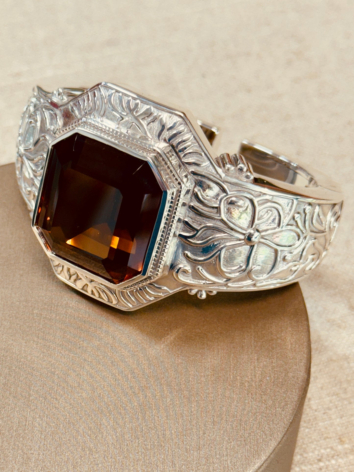 Ornate Silver Cuff with 90-Carat Madeira Citrine – Gilded Age Exclusive