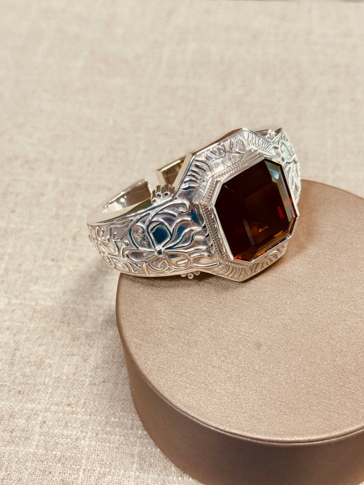 Ornate Silver Cuff with 90-Carat Madeira Citrine – Gilded Age Exclusive