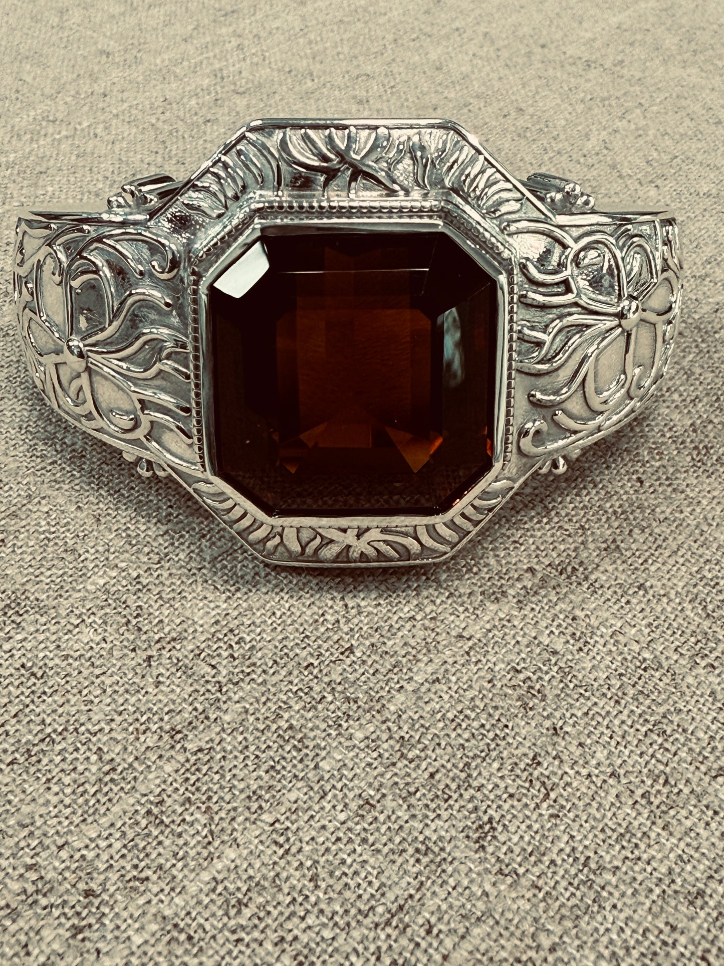 Ornate Silver Cuff with 90-Carat Madeira Citrine – Gilded Age Exclusive