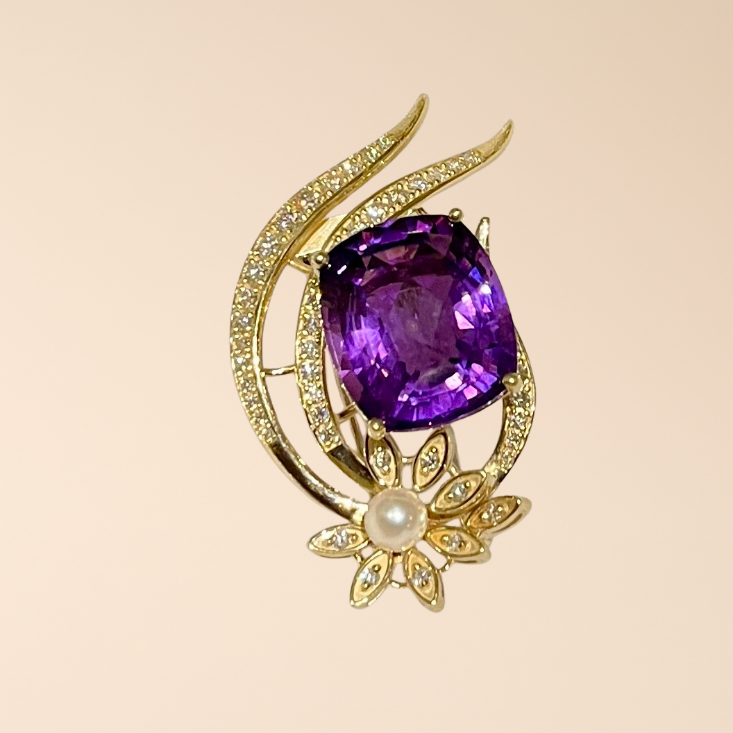 Amethyst, diamond and pearl brooch