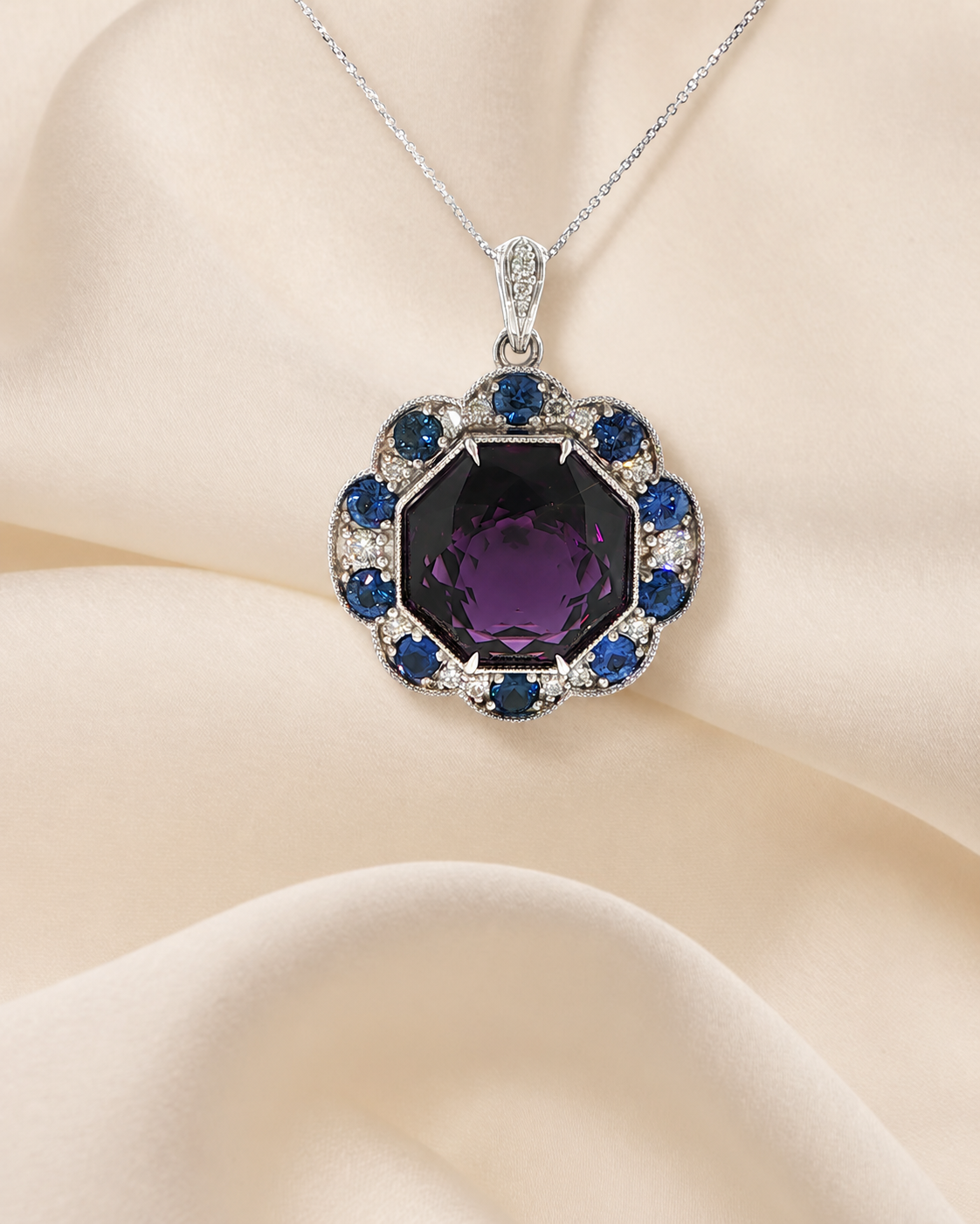 Amethyst, Sapphire & Diamond Pendant/ 46.36 Carat Octagonal Amethyst — 14K White Gold