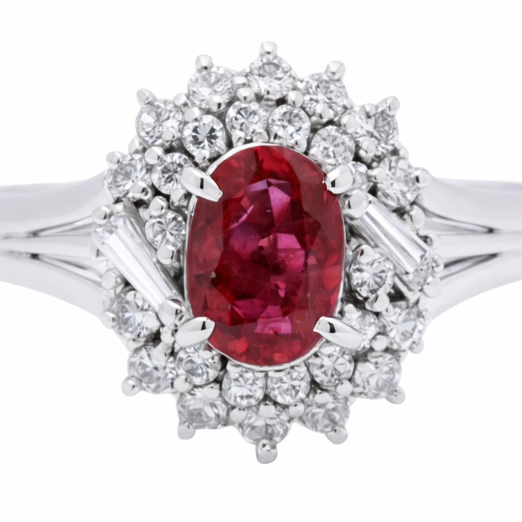 Estate Platinum Ruby & Diamond Halo Ring – GIA Certified