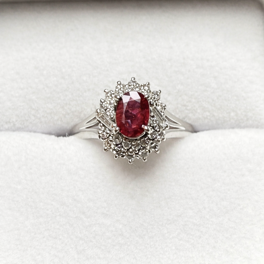 Estate Platinum Ruby & Diamond Halo Ring – GIA Certified