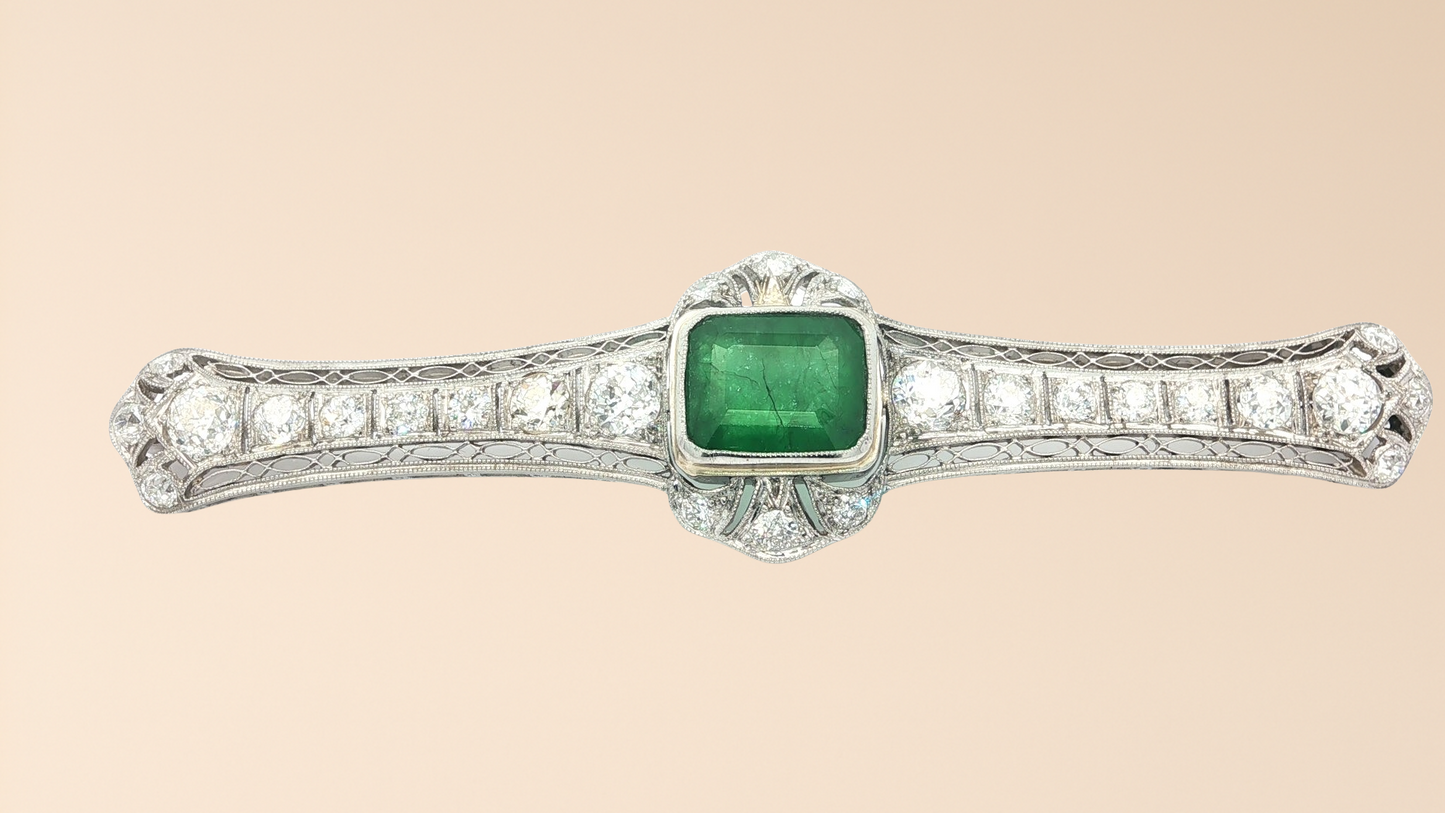 Edwardian Diamond & Emerald Bow Pin