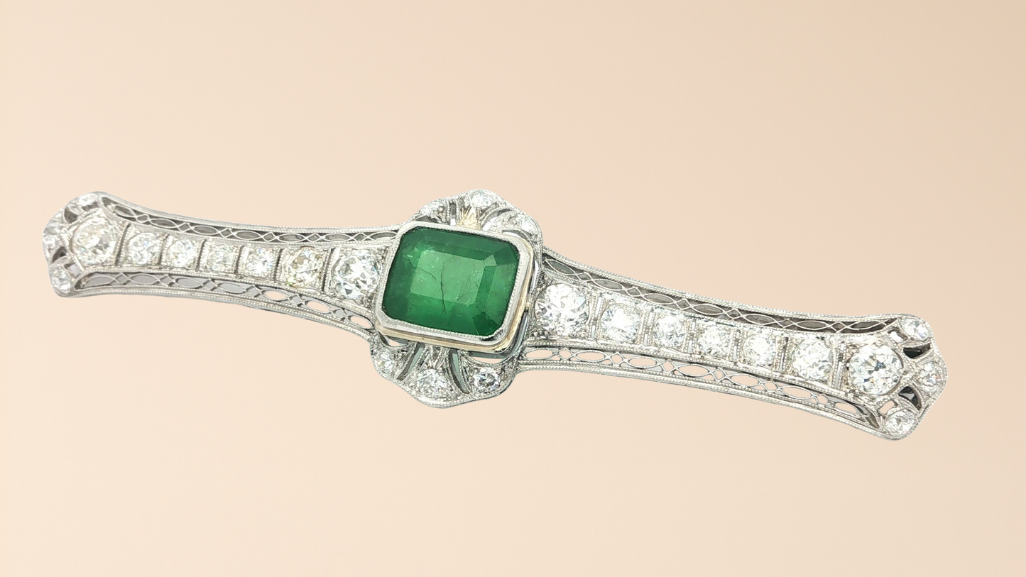 Edwardian Diamond & Emerald Bow Pin