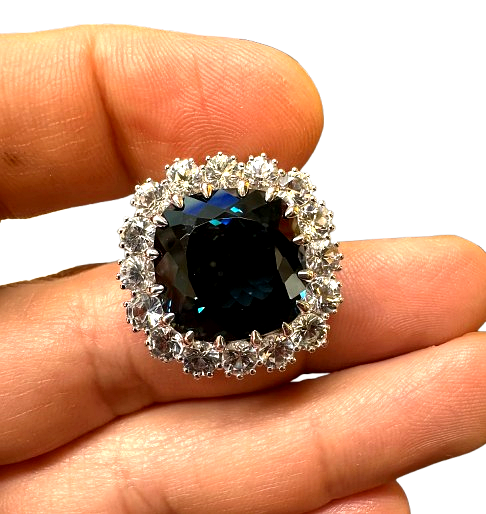23.44 Carat London Blue Topaz and White Sapphire Brooch Pendant in 14K White Gold